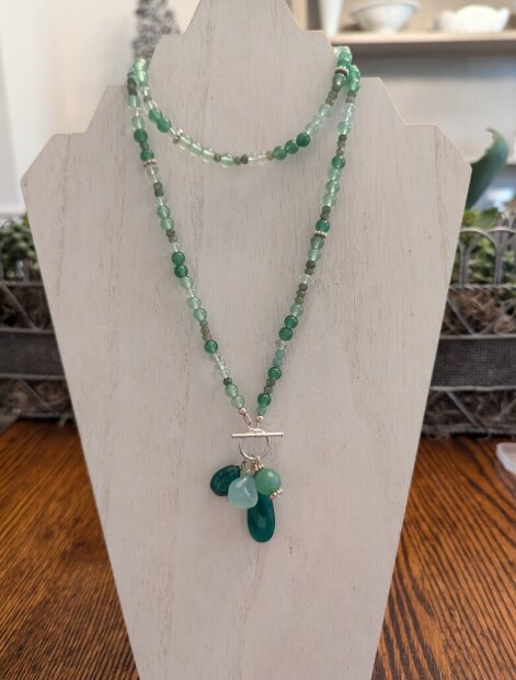 Double strand aventurine necklace with a green gemstone cluster pendant