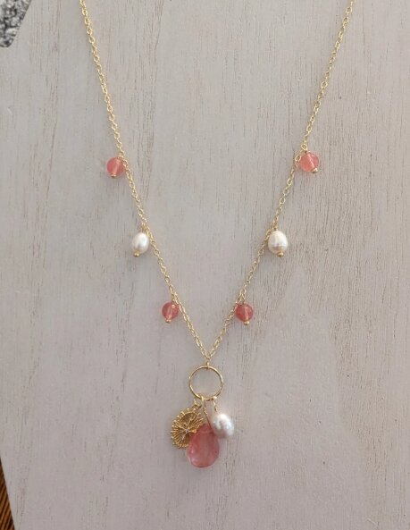 Necklace with cherry quartz, pearl, and a gold coin charm