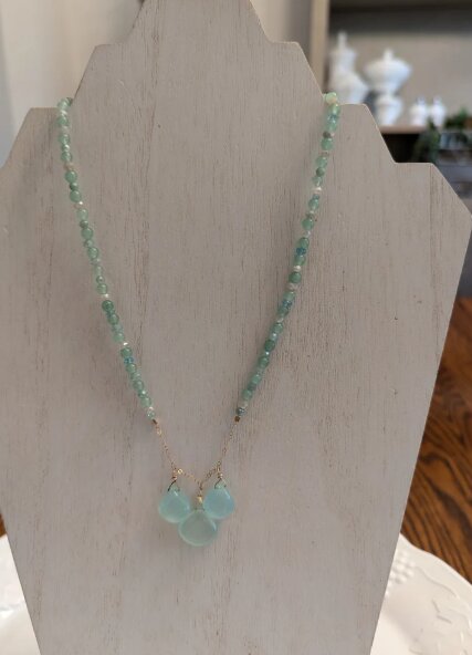 Aventurine chip necklace with a trio of chalcedony drops