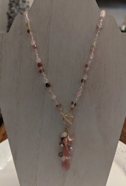 Beaded multi-gemstone necklace with a cluster pendant