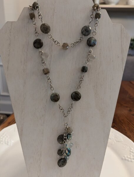 Labradorite coin and chip necklace with an abalone drop